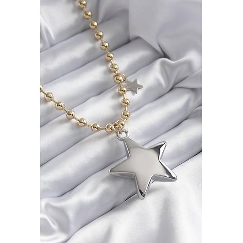 Pirin� Gold Renk Top�uk Zincir G�m�� 3D Y�ld�z Model Y�ld�z Detay V�P Kad�n Kolye
