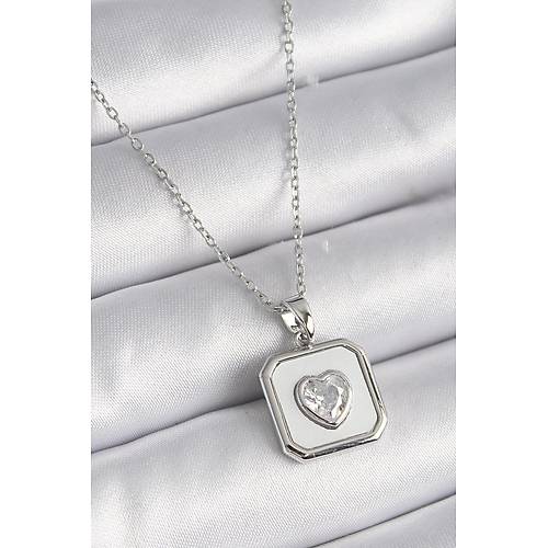 316L �elik G�m�� Renk Kare Madalyon Kalp Zirkon Ta� ��leme Kad�n Kolye