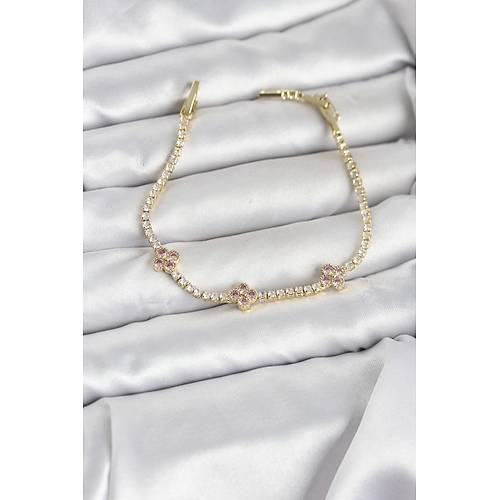 Pembe Yonca Detayl� Zirkon Ta�l� Gold Renk Pirin� Su Yolu Kad�n Bileklik
