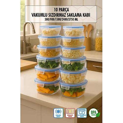 Kare 10 Par�a Contal� Vakumlu S�zd�rmaz Hava Almaz Saklama Kab� Seti 2x(3750/2400/1500/900/500 ml)