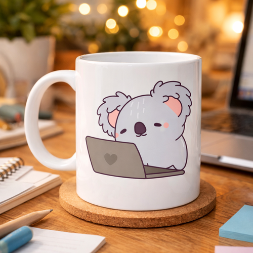 Laptoplu Koala Desenli Porselen Kupa MODEL 111 � Sevimli Ofis Kupas� , �al��anlara �zel Tatl� Hediye