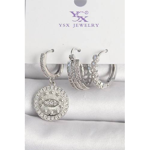 Pirin� G�m�� Renk Zirkon Ta�l� G�z ��lemeli Halka Model 3'L� Kad�n Kombin K�pe