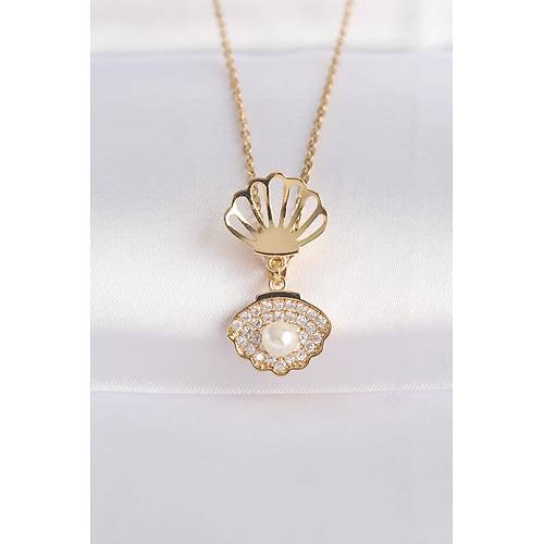 316L �elik Zincir Alt�n Renk Zirkon Ta�l� �nci Detay �stiridye Kolye