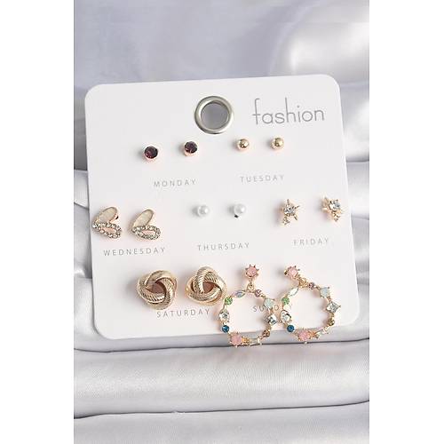 Pirin� Gold Renk Renkli Zirkon Ta�l� Kalp Detay 7 �ift Kad�n K�pe Seti