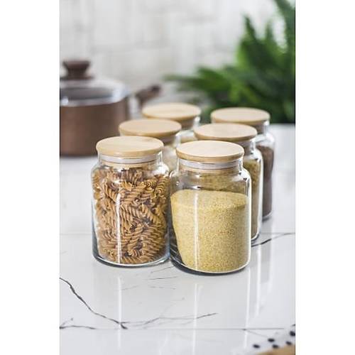 6 L� Set Bambu Kapakl� Cam Kavanoz & Erzak Saklama Kab� 800 ml Orta Boy ( Vakum Kapak )