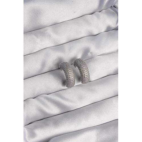 Pirin� G�m�� Renk Zirkon Ta�l� Yar�m Halka K�pe