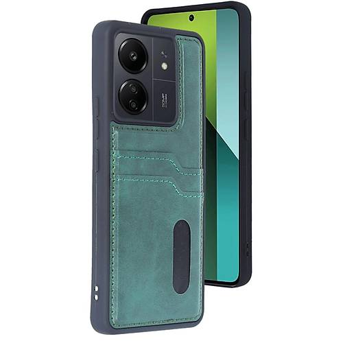 Redmi 13C K�l�f Sara Kartvizitli Deri K�l�f - Koyu Ye�il