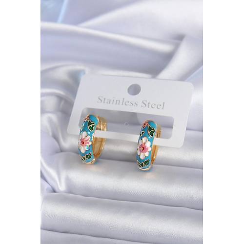 Pirin� Gold Renk Mavi �i�ek ��leme Detay Kad�n K�pe