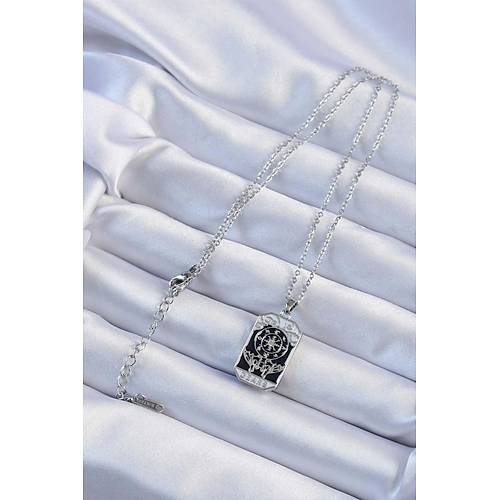 316L �elik Zincir G�m�� Renk ��lemeli Siyah Mineli Tarot Kolye