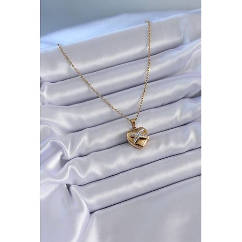 316L �elik Gold Renk Zirkon Detay Kalp Model Kad�n Kolye