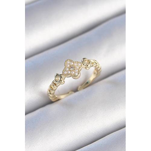 Pirin� Gold Renk �ncili Yonca Model Zirkon Ta� Detay Kad�n Y�z�k