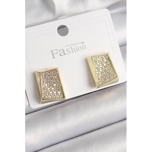 Pirin� Gold Renk Zirkon Ta�l� Plaka Model Kad�n K�pe