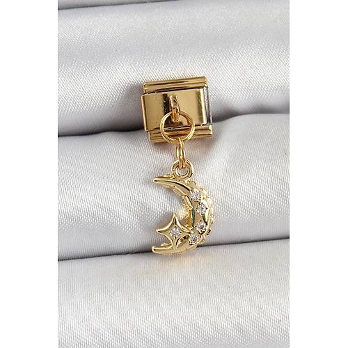 316L �elik Sallant�l� Zirkon Ta�l� Ay Model Gold Renk Nomination Charm