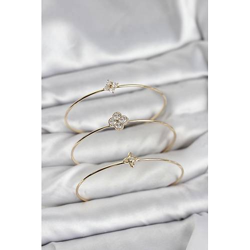 Zirkon Ta�l� Gold Renk Yonca Tasar�m 3'l� Kad�n Bileklik Kombini