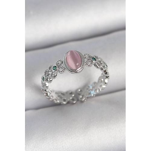 Pirin� G�m�� Renk Zirkon Ta� Detayl� Pembe Mineli Damla Model Ayarlanabilir Kad�n Y�z�k