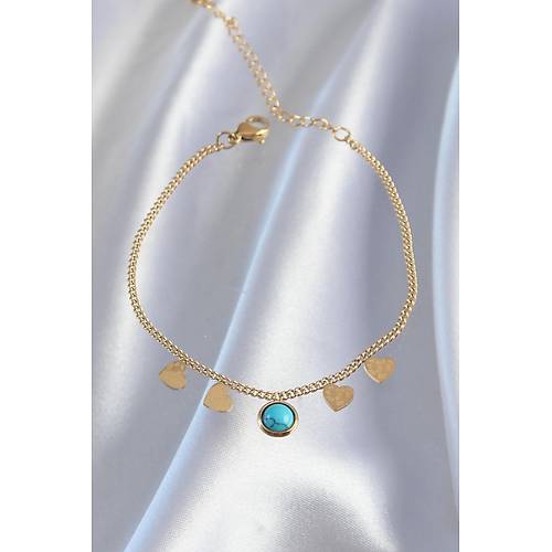 316L �elik Gold Renk Minimal Kalpli Mavi Ta� Detayl� Bileklik