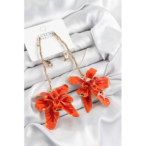 Pirin� Sallant�l� Turuncu �i�ek Model Gold Renk Kad�n K�pe