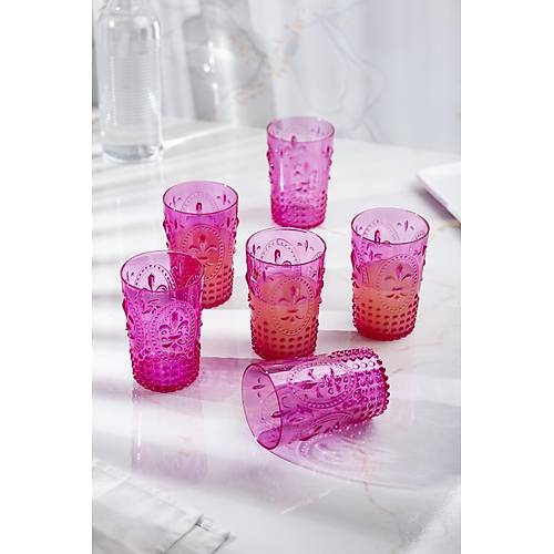 Akrilik Pembe 6'l� K�sa Bardak & Su Me�rubat Kahve Yan� Barda�� 400 ml ( Cam De�ildir )