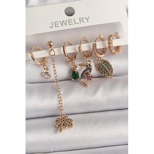 Pirin� Gold Renk Sallant� Zirkon Ta�l� A�a� Fig�r Kad�n K�pe Seti