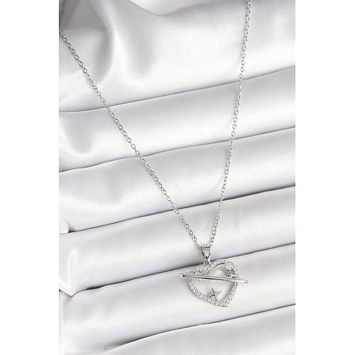 316L �elik G�m�� Renk Zincir Zirkon Ta�l� Kalp Model Y�ld�z Detay Kad�n Kolye