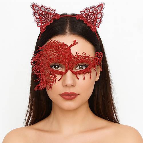 Alevin Zarafeti K�rm�z� Dantel Maske ve Ta� Seti 4 No � Kad�n Kost�m Tamamlay�c�