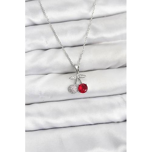 316L �elik Zincir G�m�� Renk Kiraz Model Zirkon Ta�l� Kad�n Kolye