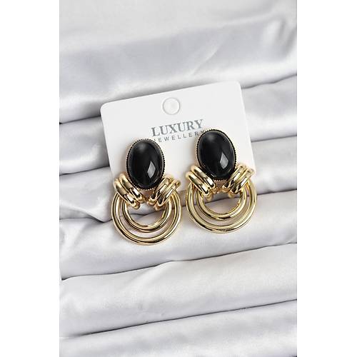 Pirin� Gold Renk Siyah Ta�l� Vintage Kad�n K�pe