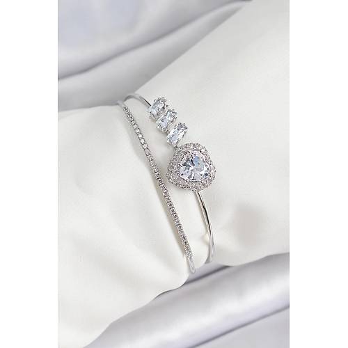 Pirin� G�m�� Renk Kalpli Zirkon Ta�l� Kad�n Bileklik