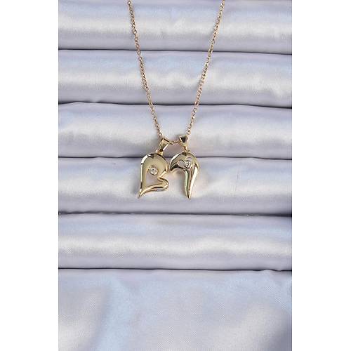 316L �elik Zincir Alt�n Renk Zirkon Ta�l� M�knat�sl� Kalp Kolye