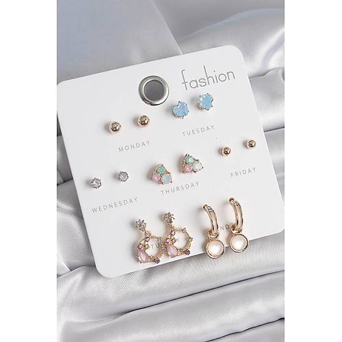 Pirin� Gold Renk Zirkon Ta�l� Sallant� Halka Fig�r Kalp Detay 7 �ift Kad�n K�pe