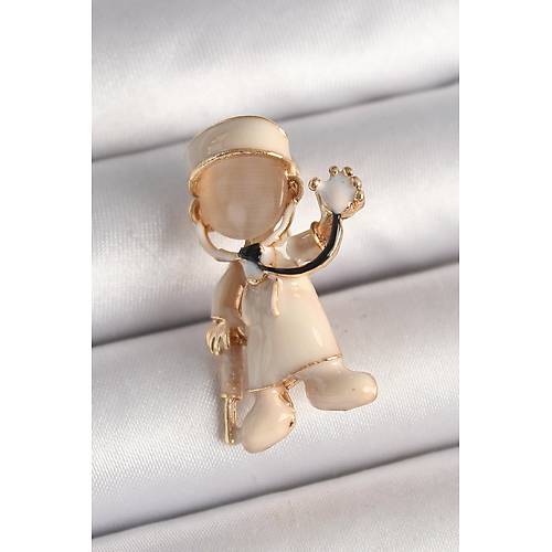 Pirin� Gold Renk Beyaz Mineli Doktor Model Kad�n Bro�