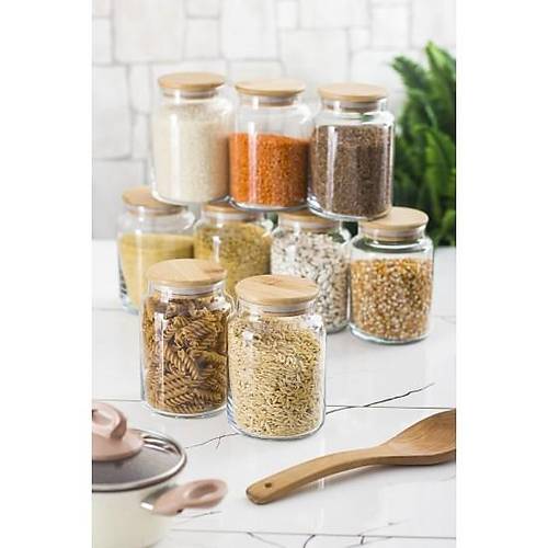 9 Lu Set Bambu Kapakl� Cam Kavanoz & Erzak Saklama Kab� 800 ml Orta Boy ( Vakum Kapak )