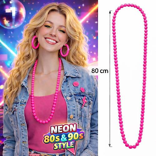 Neon Pembe Boncuk Kolye 80 cm � Retro 80�ler 90�lar Parti Aksesuar�