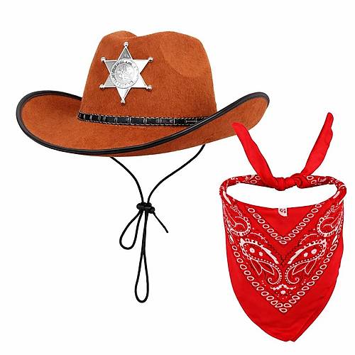 �ocuk Kovboy �apka Rozetli Kahverengi & K�rm�z� Bandana Fular Seti