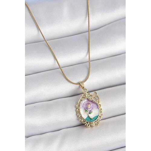 316L �elik Gold Renk Zincir Mix Renk Mineli �i�ek ��lemeli Zirkon Ta� Detayl� Portre Model Kad�n Kolye