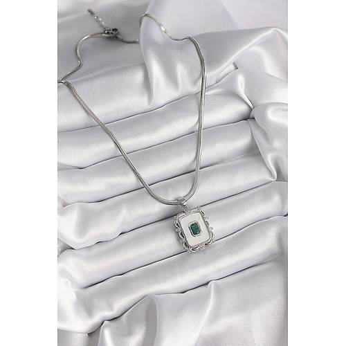 316L �elik G�m�� Renk �talyan Zincir Beyaz Sedefli Kare Portre Model Z�mr�t Ta� Detay Kad�n Kolye