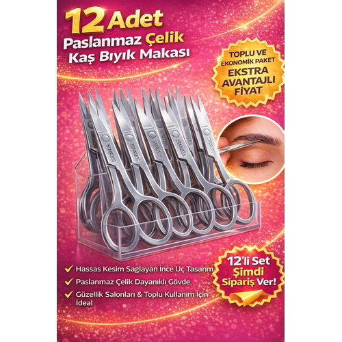 12 Adet Paslanmaz �elik Ka� B�y�k Makas� Profesyonel Ka� D�zeltme Makas� Hassas U�lu Ka� Alma Makas�