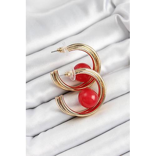 Pirin� Gold Renk Halka Model K�rm�z� Boncuk Detay Kad�n K�pe