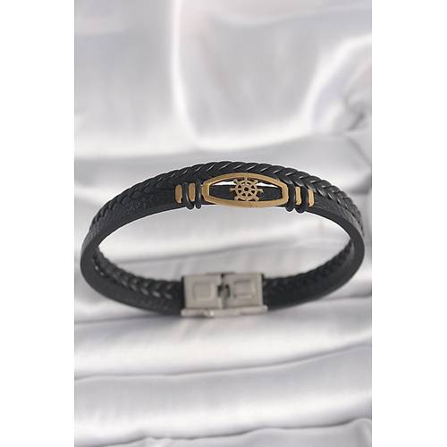 316L �elik Gold Renk Gemi D�men Fig�r Siyah Renk �ift S�ra Burgu Desenli Deri Kordon Erkek Bileklik