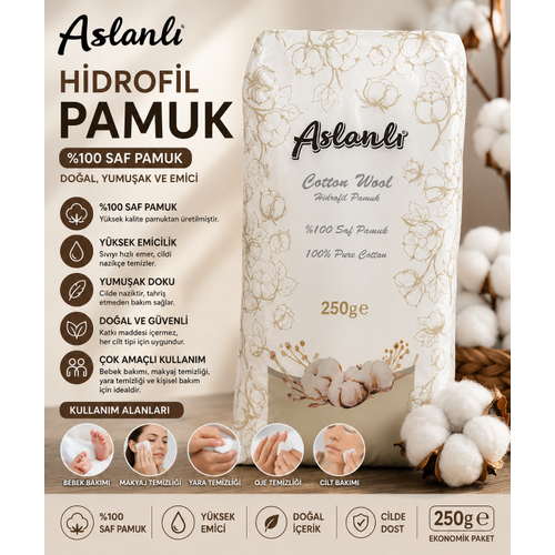 Aslanl� Hidrofil Pamuk 250 Gr %100 Saf Pamuk Y�ksek Emici Yumu�ak Dokulu Pamuk
