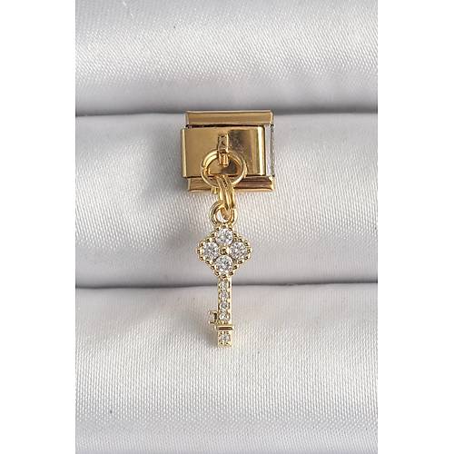 316L �elik Gold Renk Sallant� Zirkon Ta�l� Anahtar Model Nomination Charm