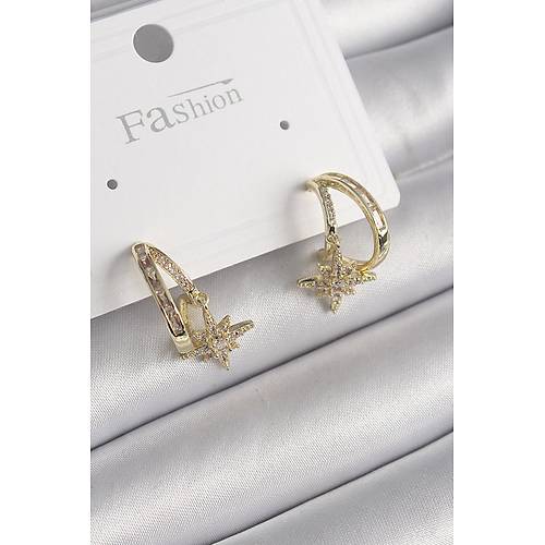 Pirin� Gold Renk Zirkon Ta�l� Halka Model Y�ld�z Detay Kad�n K�pe