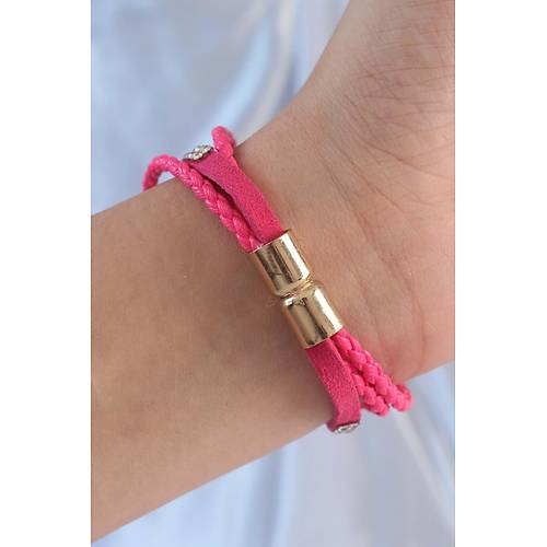 Pembe Renk Zirkon Ta�l� Deri �oklu Bileklik