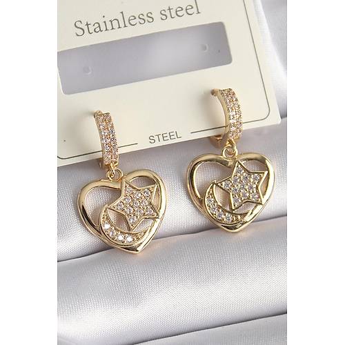 Pirin� Gold Renk Zirkon Ta�l� Kalp Model Ay Y�ld�z ��leme Kad�n K�pe