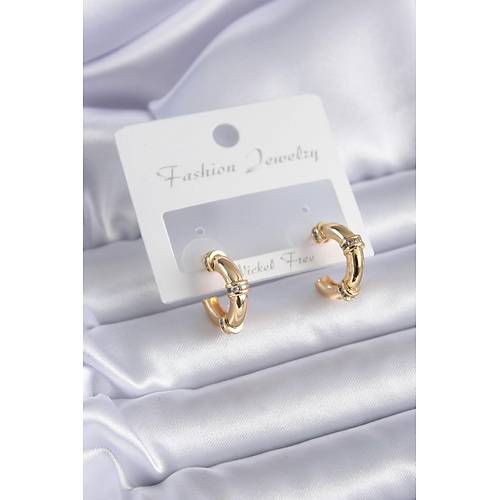 Gold Renk Zirkon Ta� Detay Halka Model Pirin� Kad�n K�pe