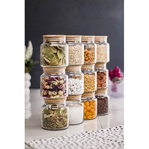 12'Li Bambu Kapakl� Cam Kavanoz & Baharat Tak�m� & Baharatl�k Seti 500 ML ( Vakum Kapak )