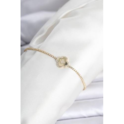 Pirin� Gold Renk Zirkon Ta�l� Yonca Model Su Yolu Kad�n Bileklik