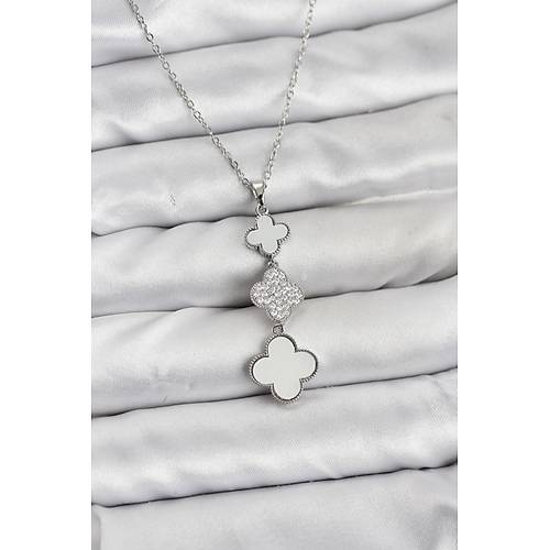 316L �elik Zincir G�m�� Renk Yonca Detayl� Zirkon Ta�l� Kad�n Kolye