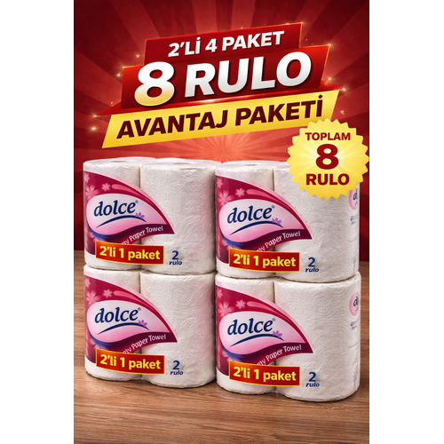 Dolce �ift Katl� Ka��t Havlu 2'li Rulo 4 Paket Y�ksek Emicili �ok Ama�l� Ka��t Havlu