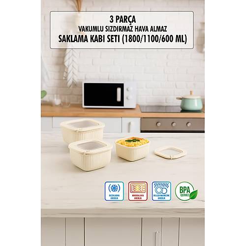 Kare 3 Par�a Vakumlu S�zd�rmaz Hava Almaz Saklama Kab� Seti Gri (1800/1100/600 Ml)
